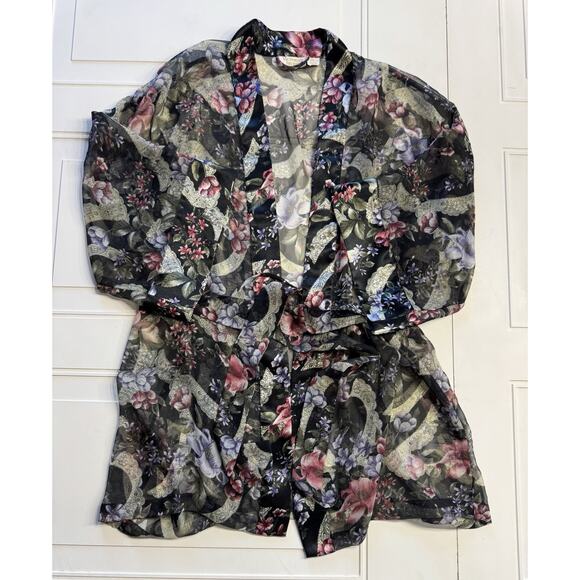 Victoria's Secret Other - Victoria's Secret Vintage Gold Label Kimono Robe Black Satin Floral Belted Sz OS